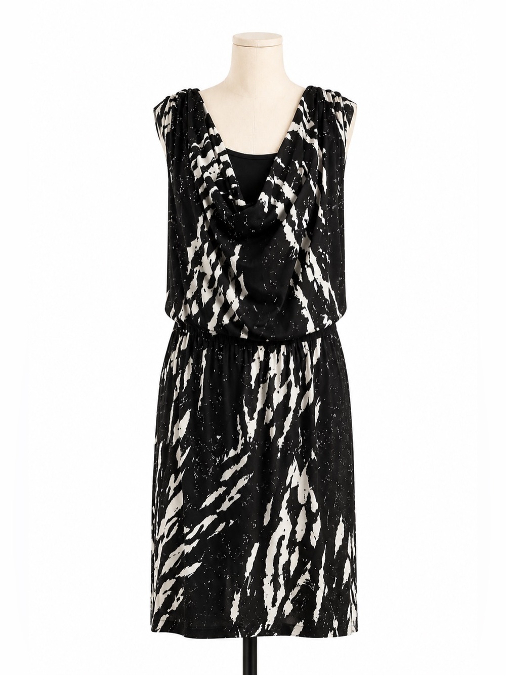 Calvin Klein Black & Ivory Abstract Print Cowl Neck Dress Size Small Modern